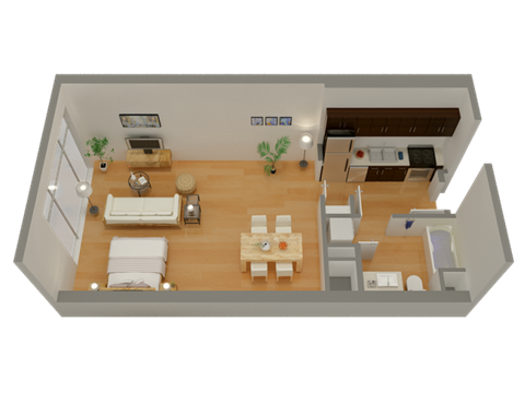 Floor plan for studio, 1 bath, 632 sqft